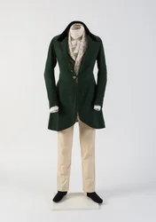 Cappotto da uomo in panno di lana verde, con pantaloni di lana e panciotto tessuto, 1830